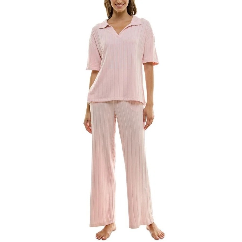 Roudelain Womens Size Large Short Sleeve Whisper Wide Ribbed Pajama Set in Pink